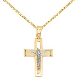 Χρυσός βαπτιστικός σταυρός διπλής όψης Κ14 με αλυσίδα